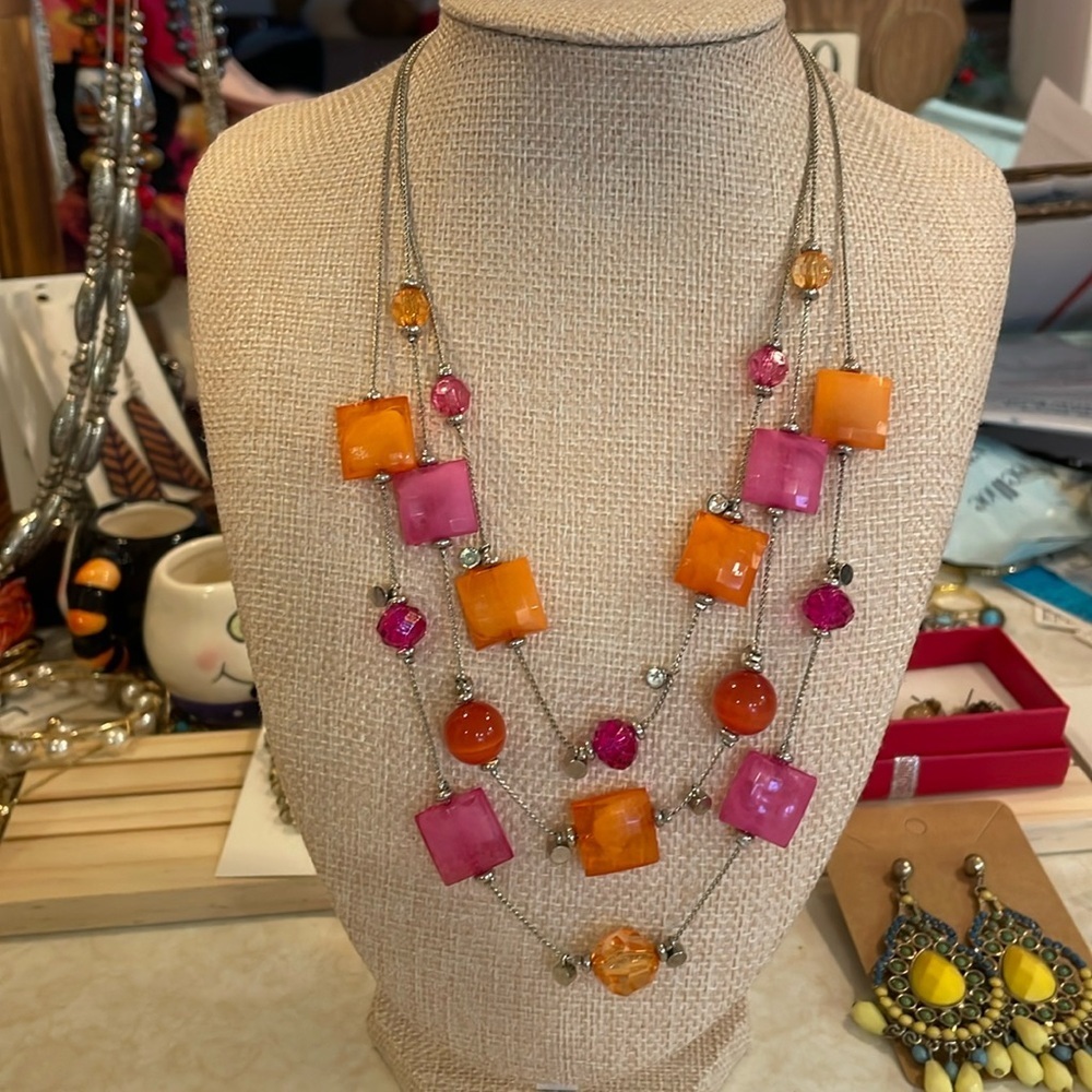 Necklace, Triple Strand, Beaded Necklace with Rhinestones and silver tone chain